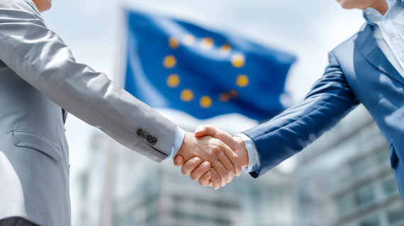 handshake in front of european flag, AI generated image